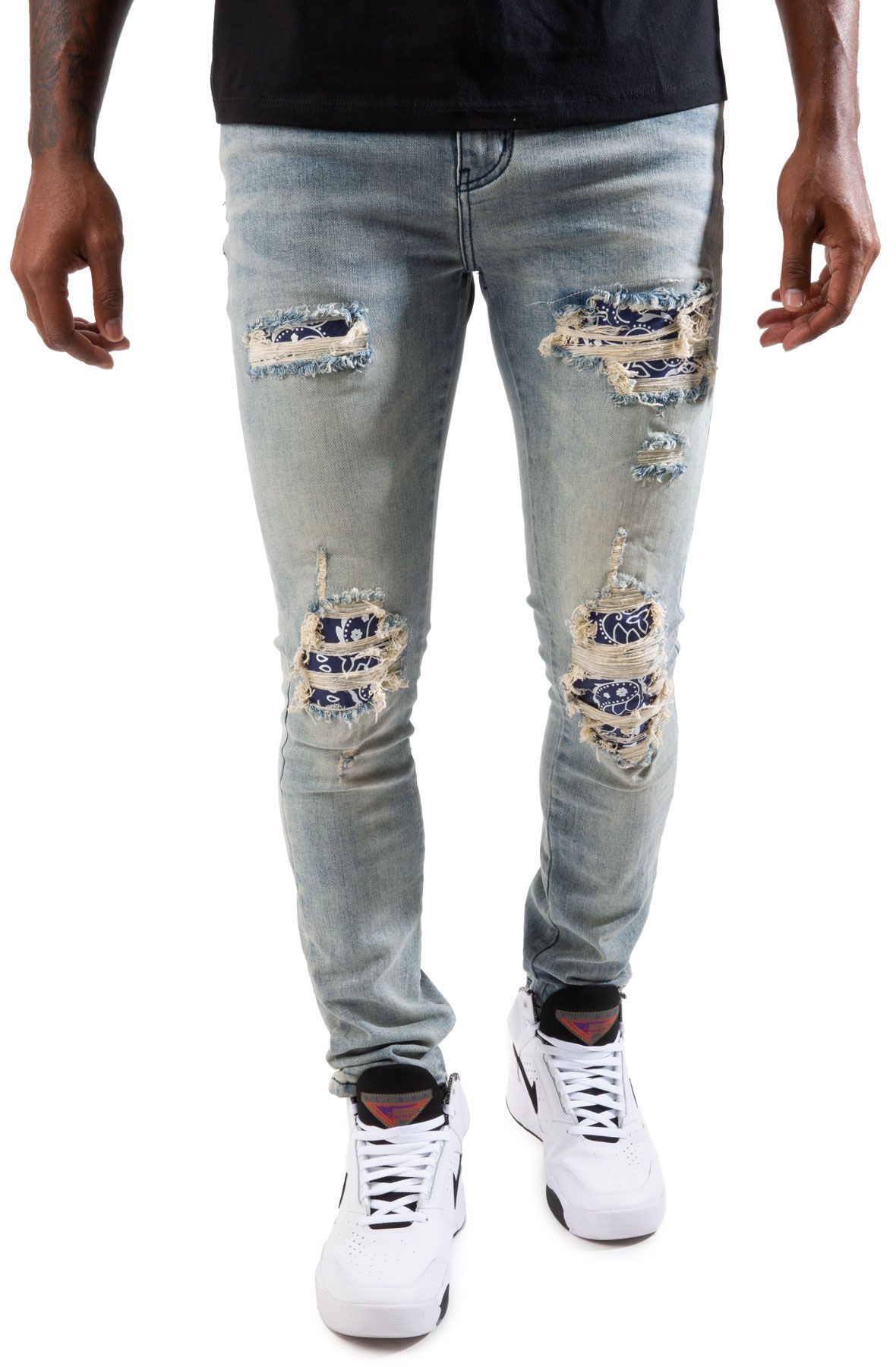 FOREIGN LOCALS Paisley Ripped Jean FL-190500LBLUE - Shiekh