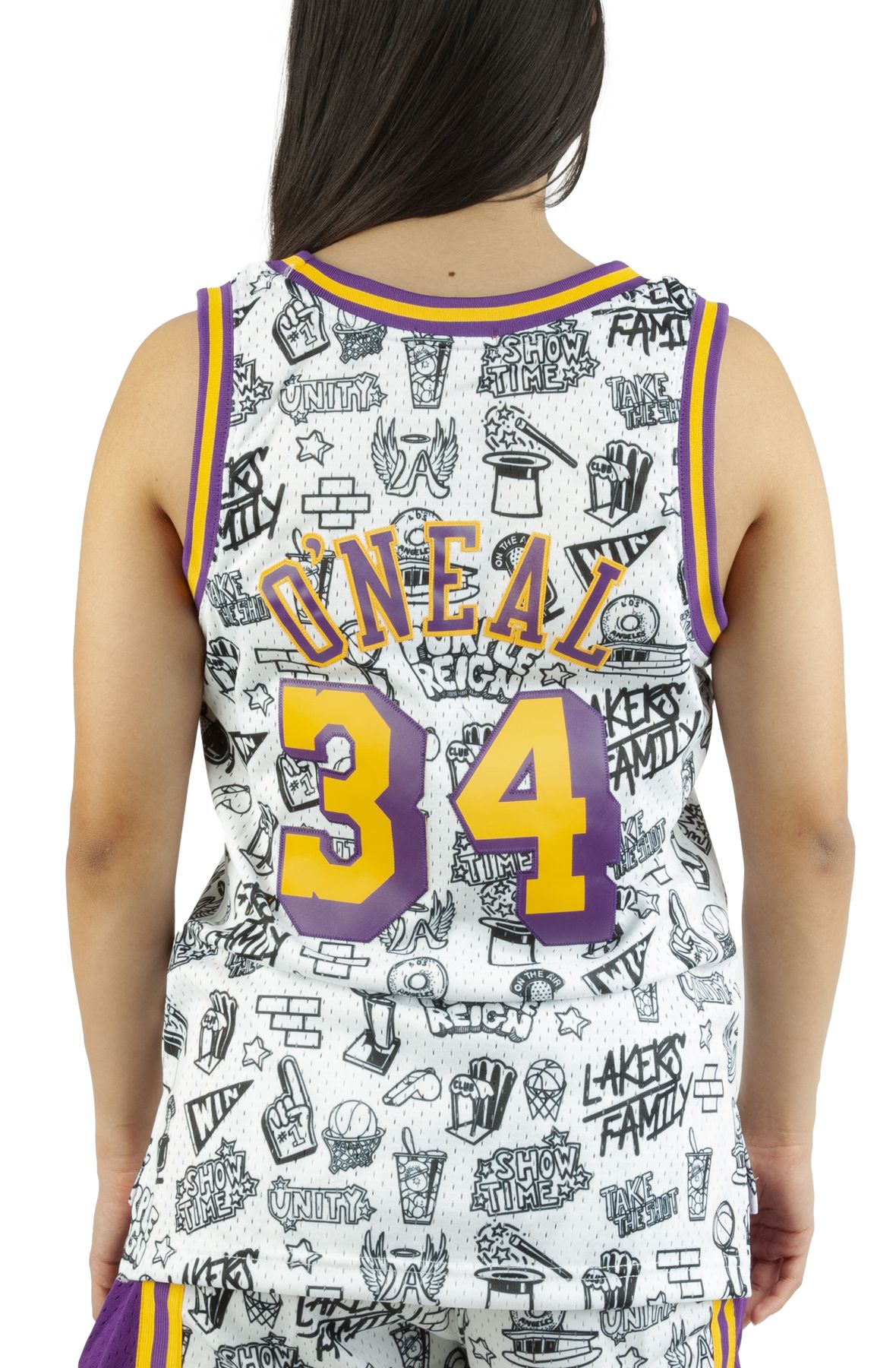 Camiseta Mujer Mitchell & Ness Shaquille O'Neal Blanco Los Angeles Lakers  1996 Doodle Swingman