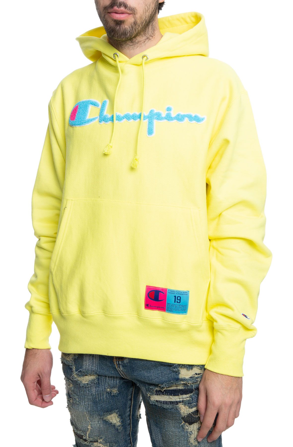 yellow champion script hoodie