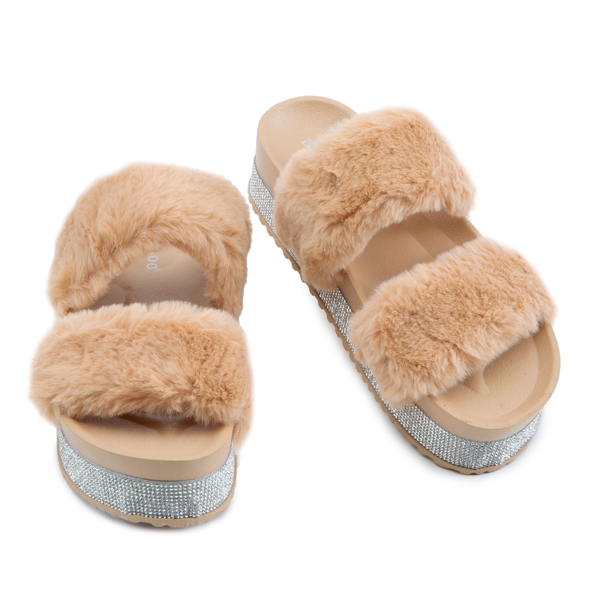 Shearling Fur Slide with rhinestones - Black Flat Women's Sandals