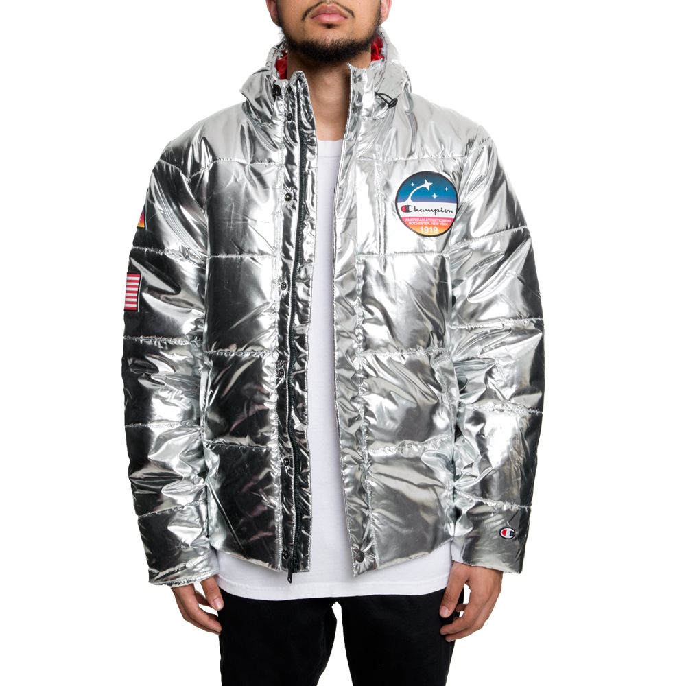 champion metallic silver puffer jacket