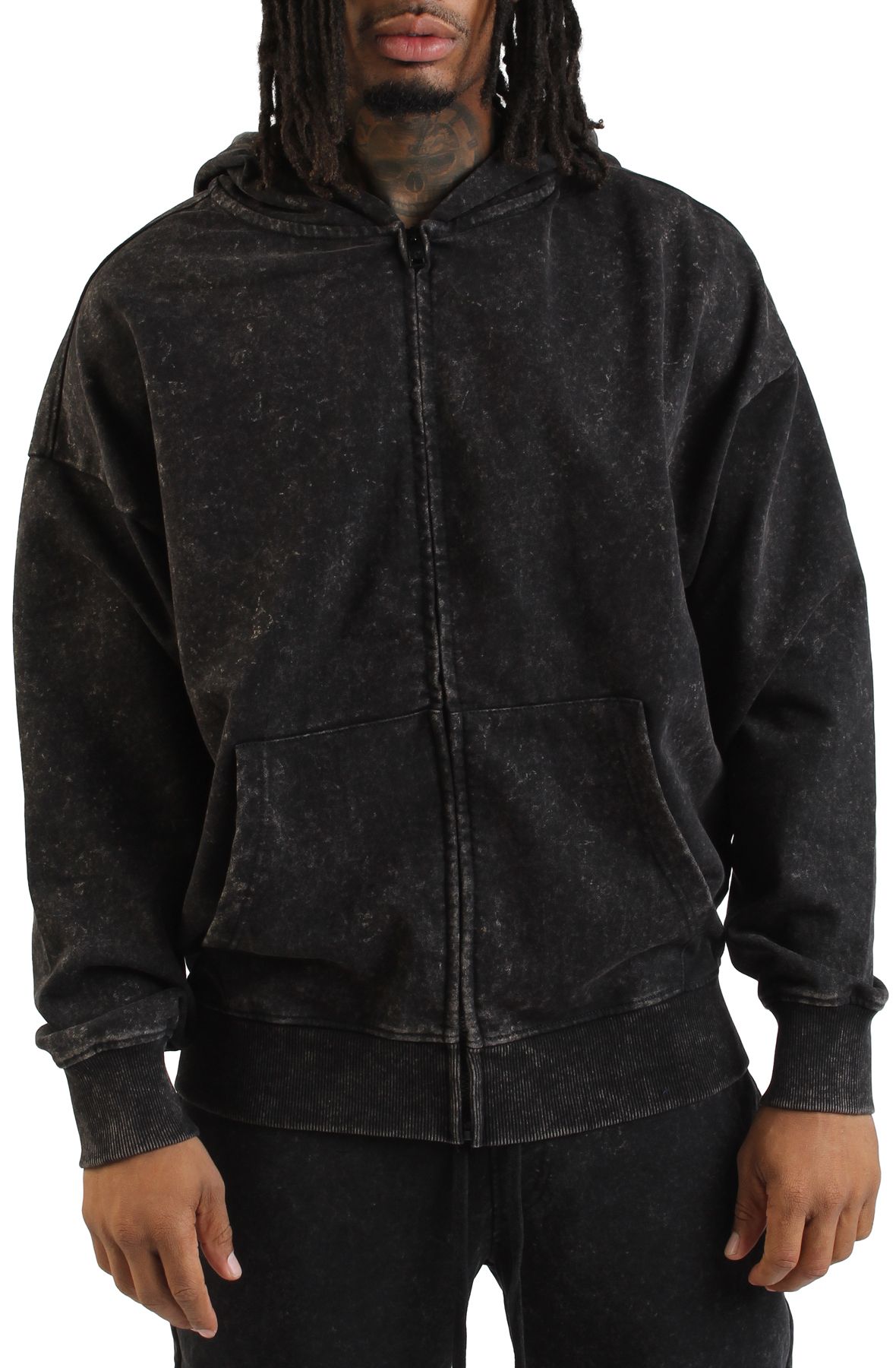 REBEL MINDS Cropped Fz Zip-Up Hoodie Mineral Washed 952-301ABLK
