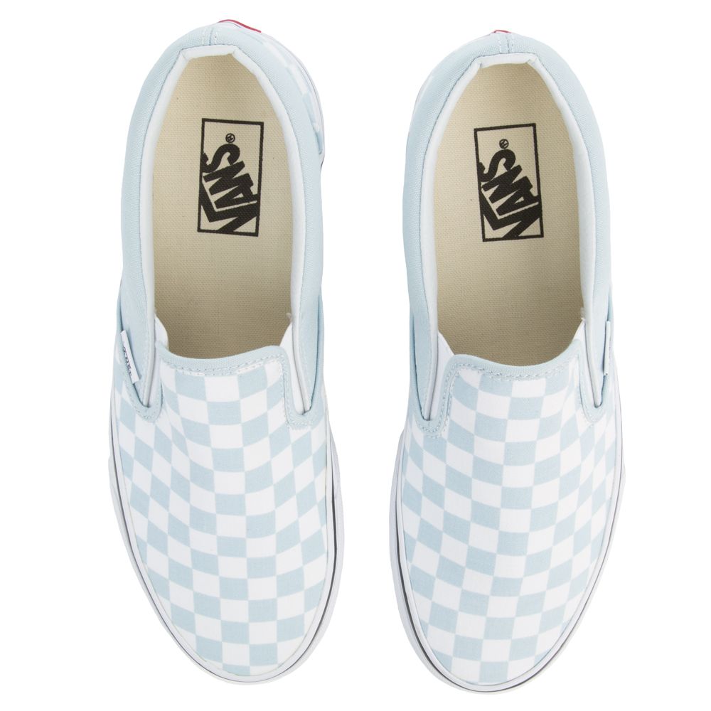 vans classic slip on checkerboard baby blue true white