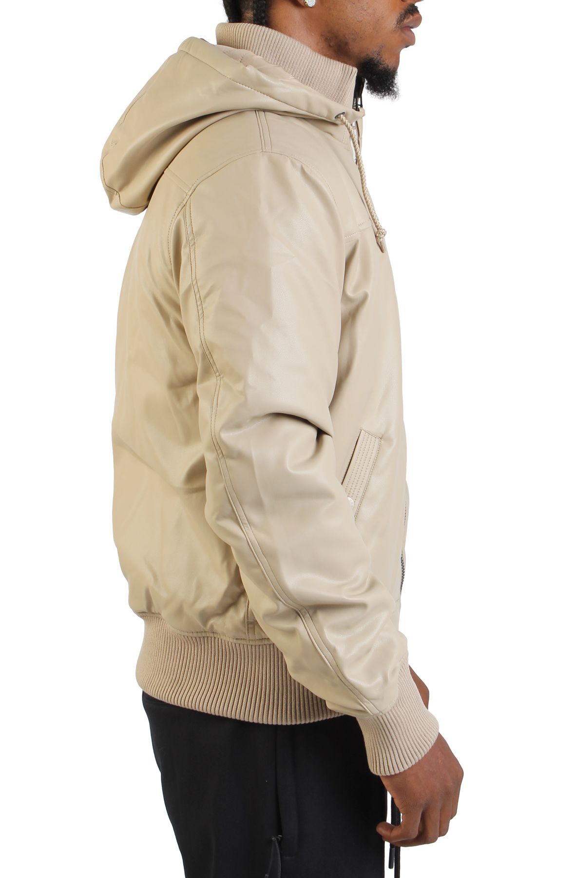 ALPHA Faux Leather Hooded Rib Flight Jacket MJF55501C1-KHA - Shiekh