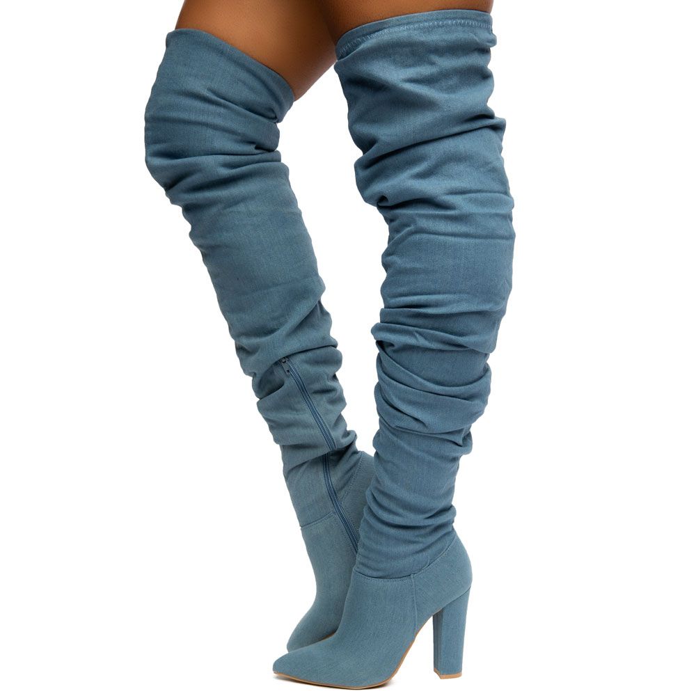 blue denim thigh high boots
