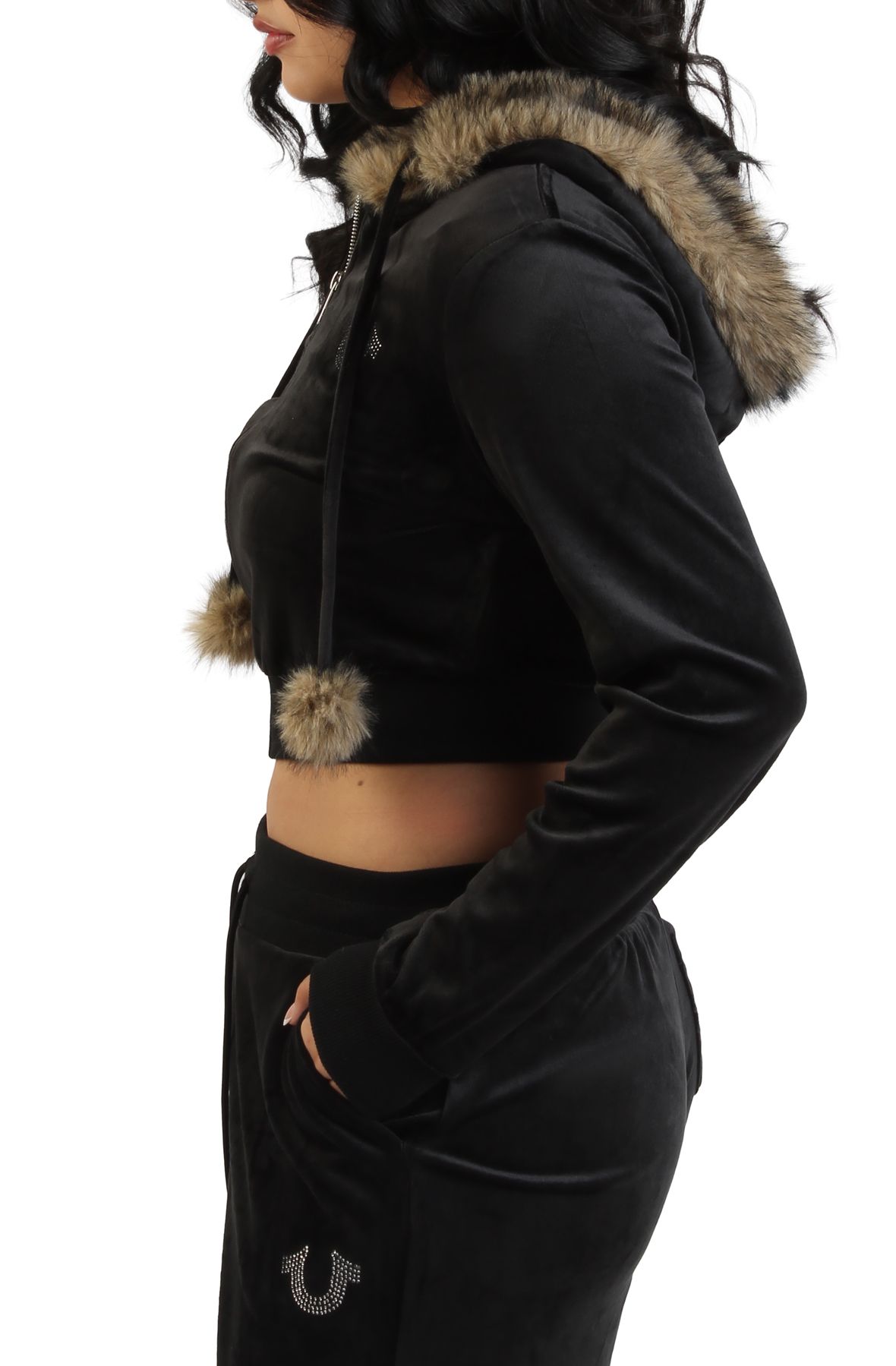 TRUE RELIGION風 TRUE RELIGION Velour Faux Fur Shrunken Zip-Up Hoodie 209472-1001