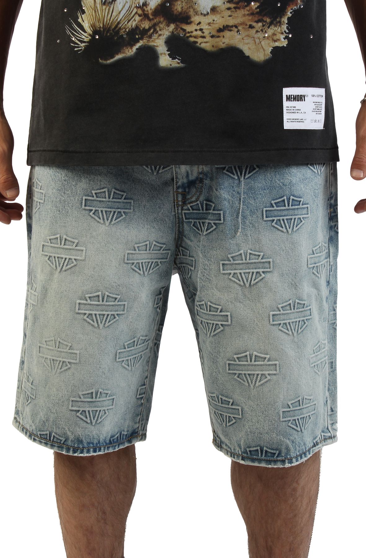 【最終値下げ】SKOOT ASH DELUXE DENIM SHORT MEMORY LANE Shield Debossed Pattern Shorts ML-SU25-528 - Shiekh