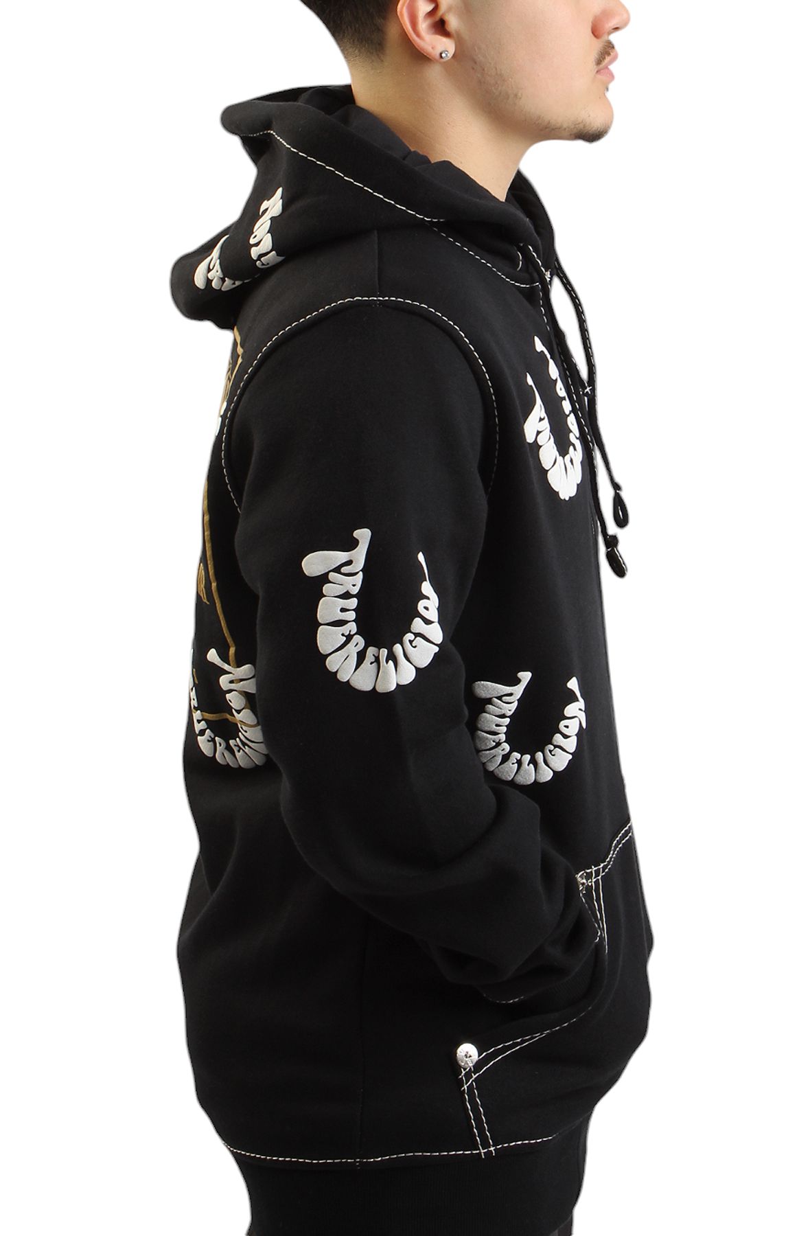 TRUE RELIGION Big T Warped Puff Print Logo Zip Hoodie 108794