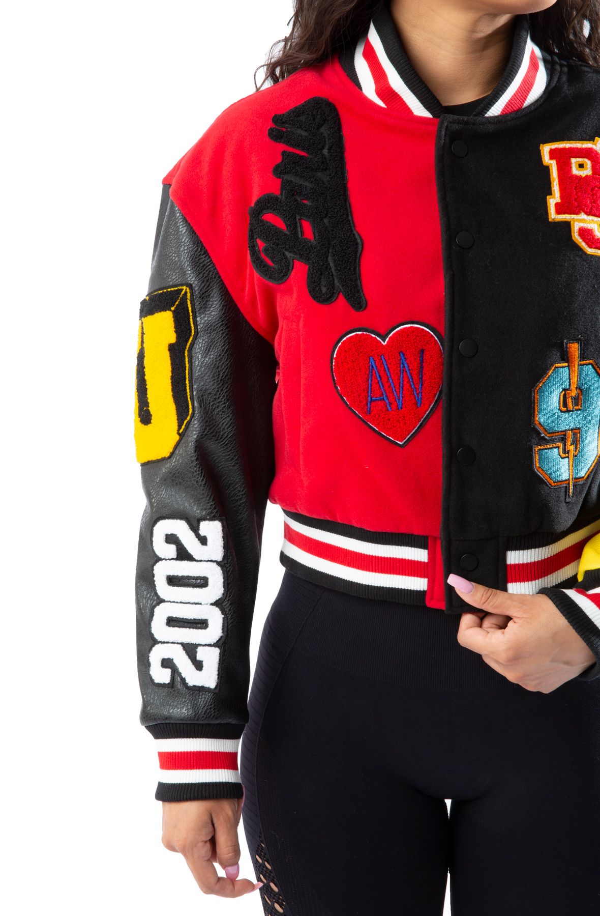 AZALEA WANG Patchwork Varsity Crop Jacket RUELA-RED-MUL - Shiekh