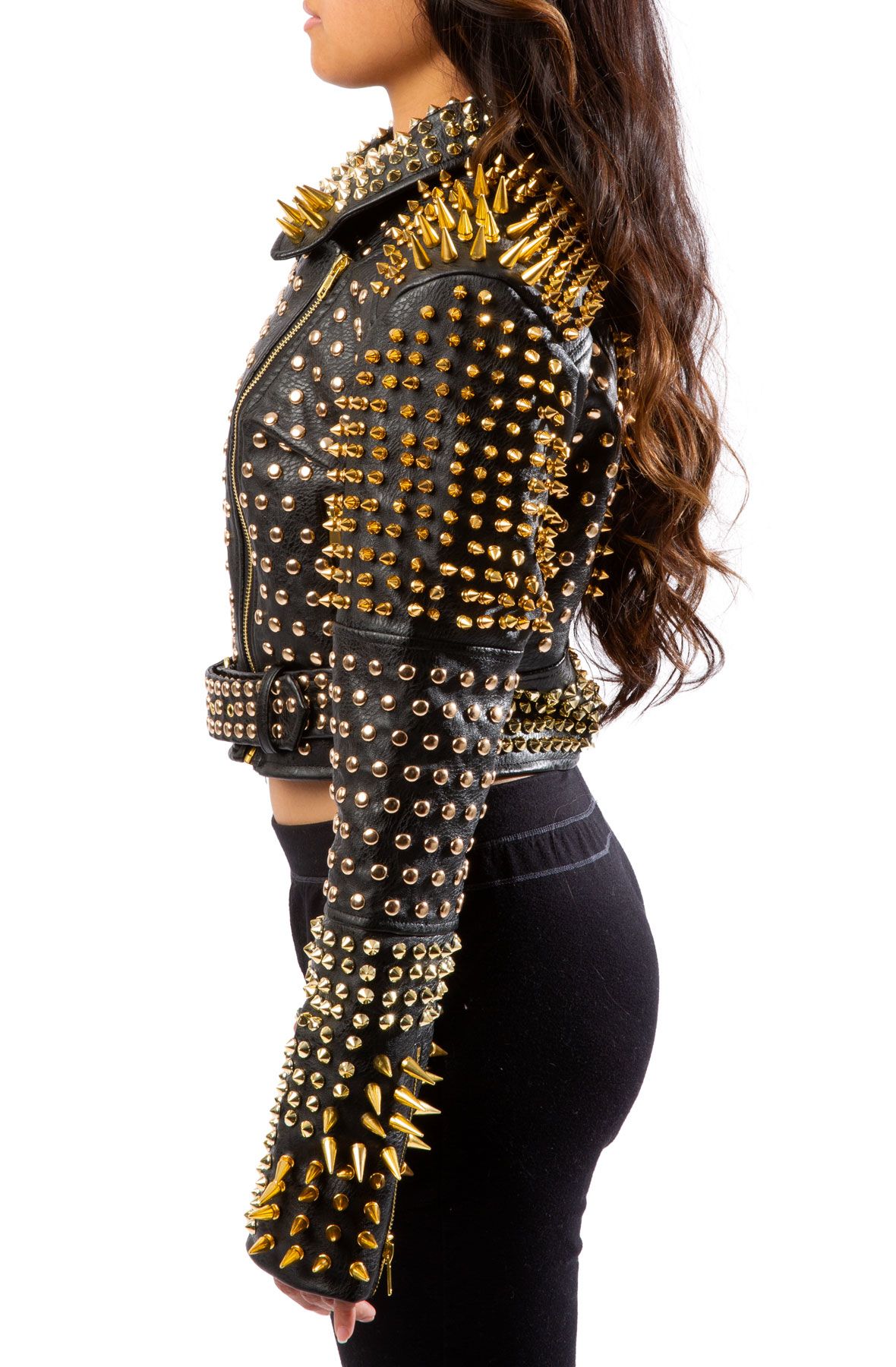 AZALEA WANG Lucifer Studded Crop Leather Jacket LUCIFER-GOLD