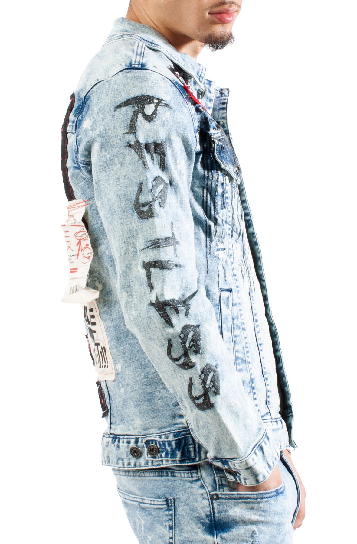 Denim jacket with pearl fringes - Grey - Sz. L - Zizzifashion