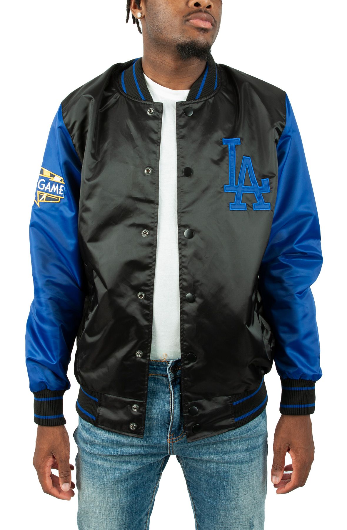 LA Dodgers Black Blue Patches Satin Jacket