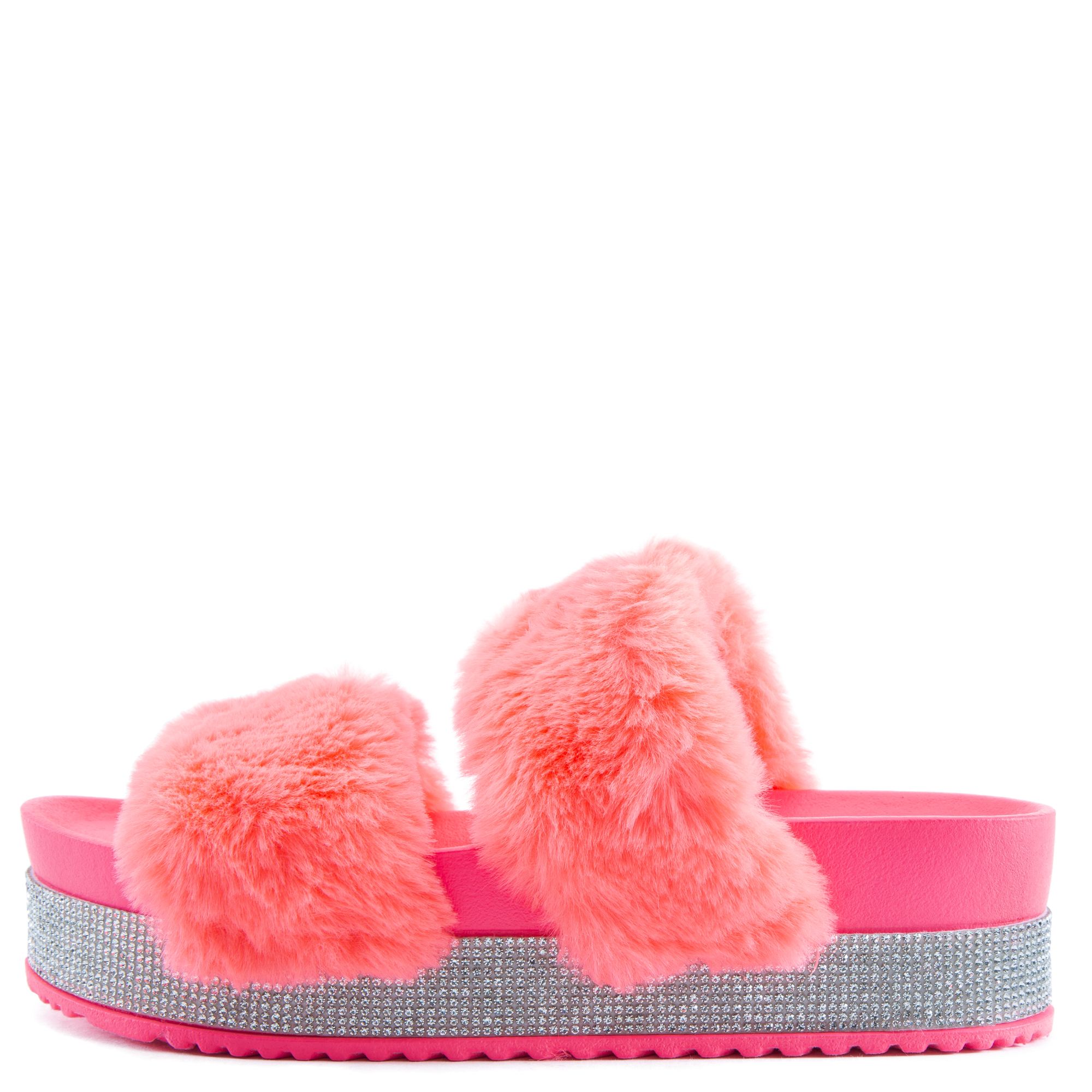 neon pink fur slides