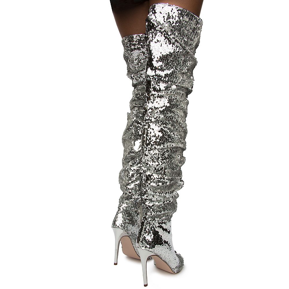 SHIEKH Women's Emelia10 Over The Knee Boot EMELIA10/SILVER SEQUIN