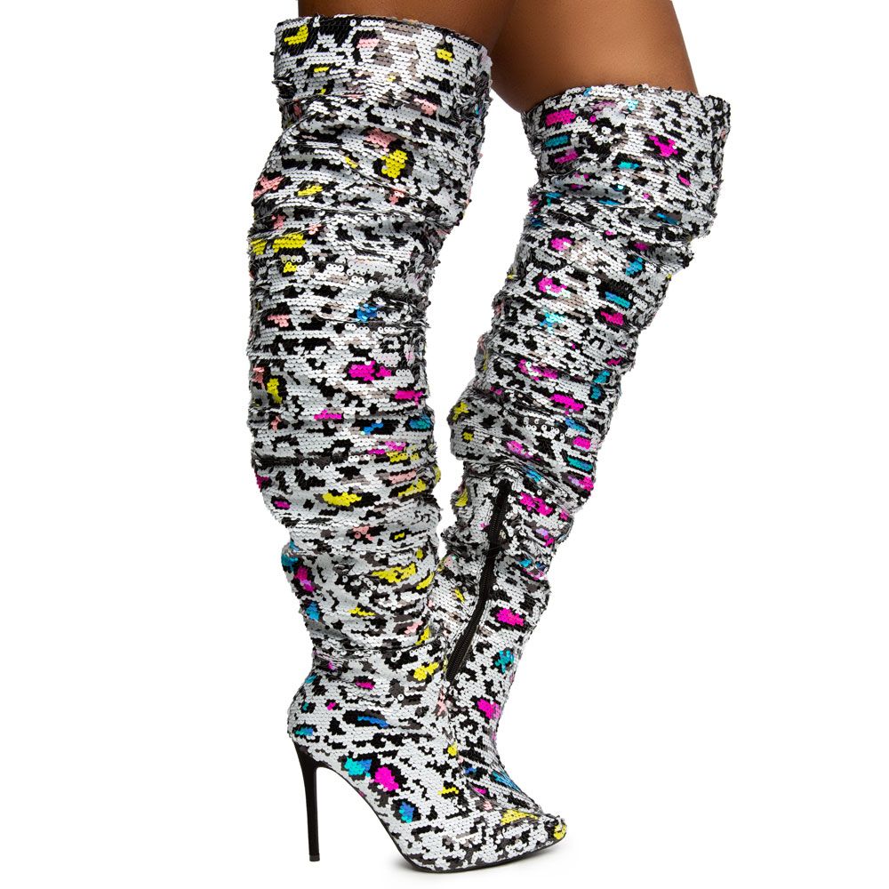 LILIANA Javir-1 All Over Sequin Thigh High Boots JAVIR-1-BKWT - Shiekh