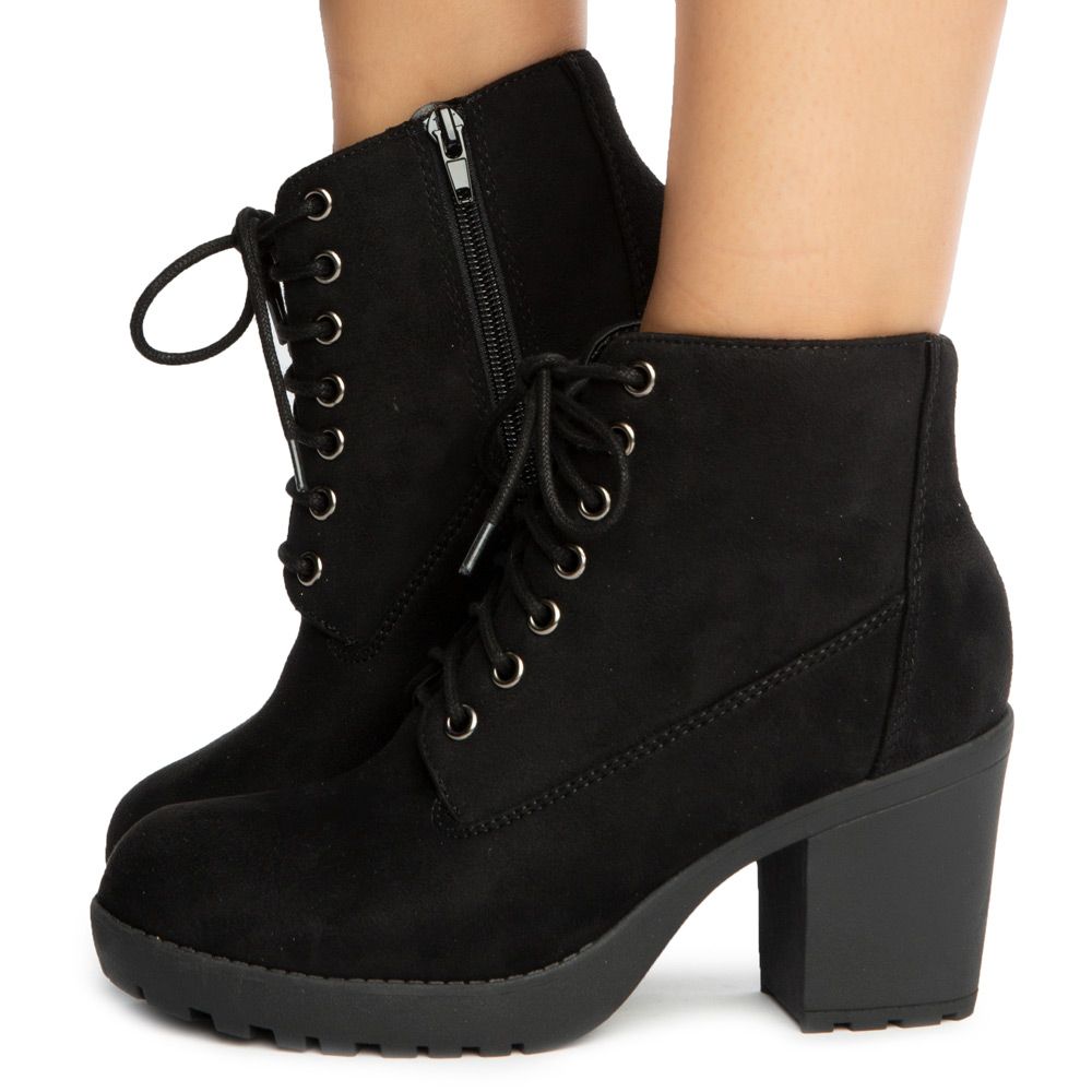 heeled lace up black boots