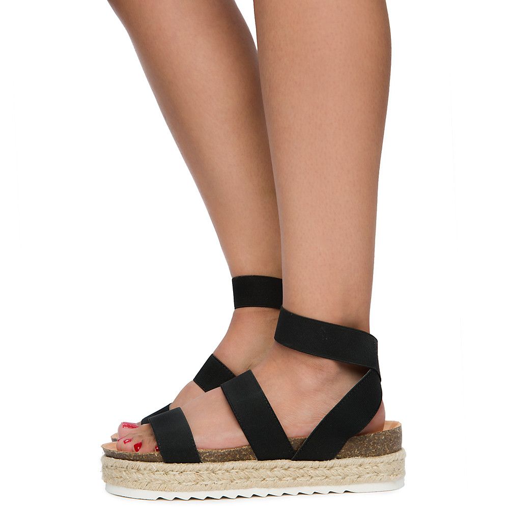 black elastic platform sandals