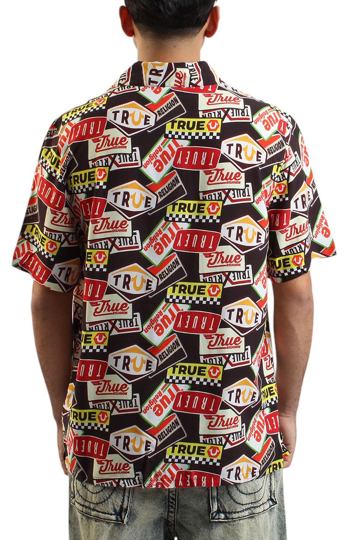 TRUE RELIGION Allover Vintage Logo Camp Collar Shirt 109396