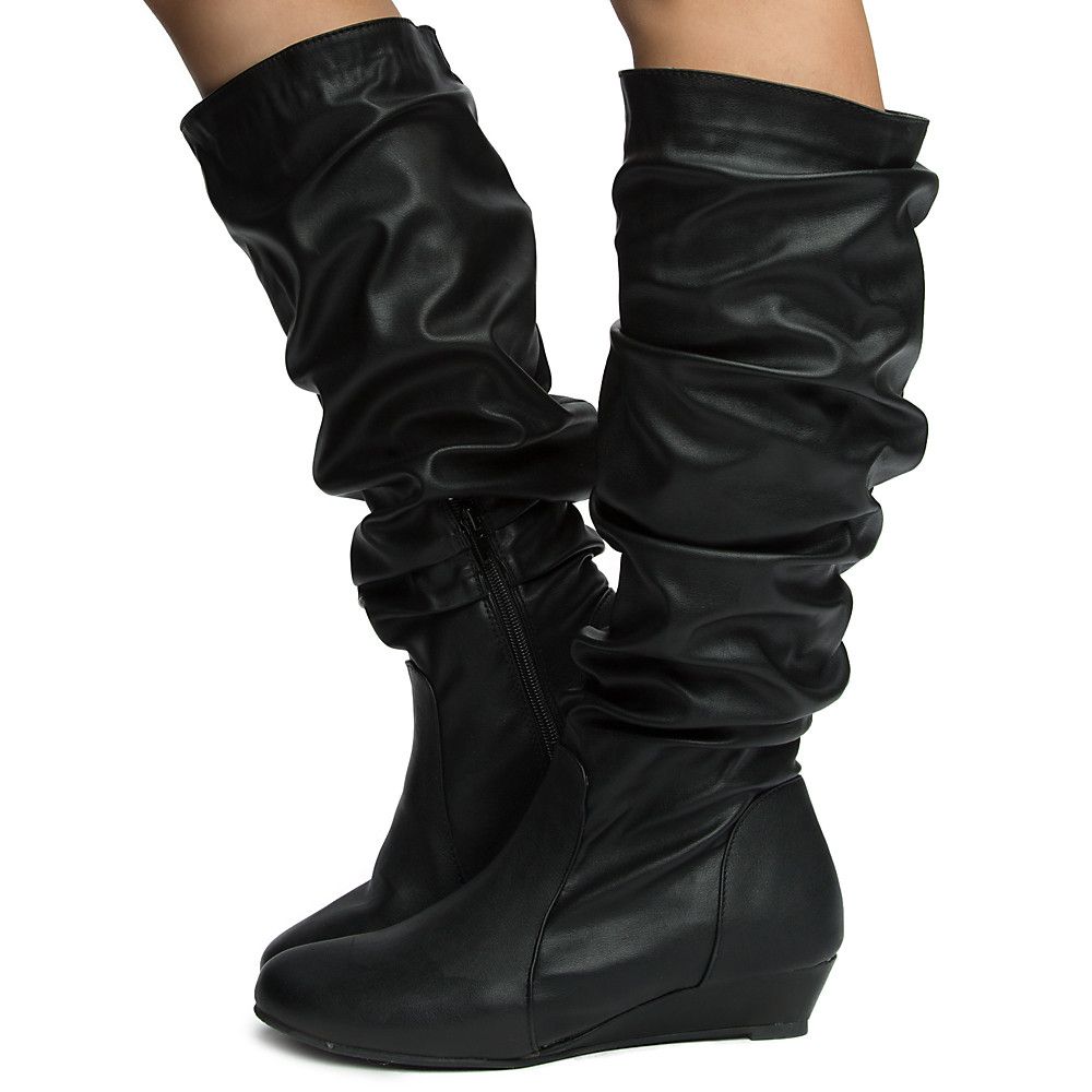 black knee high boots low heel
