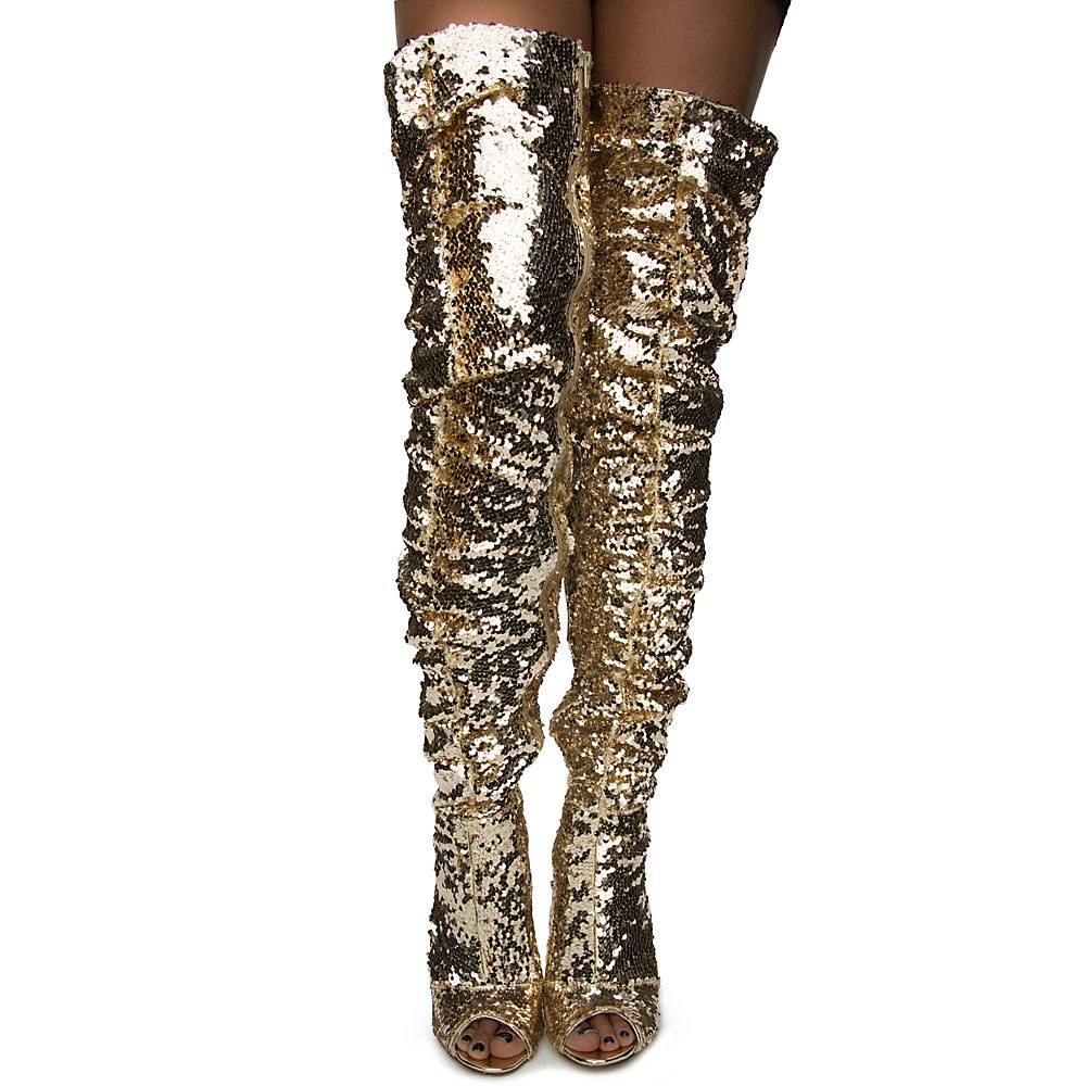 gold sequin thigh high boots