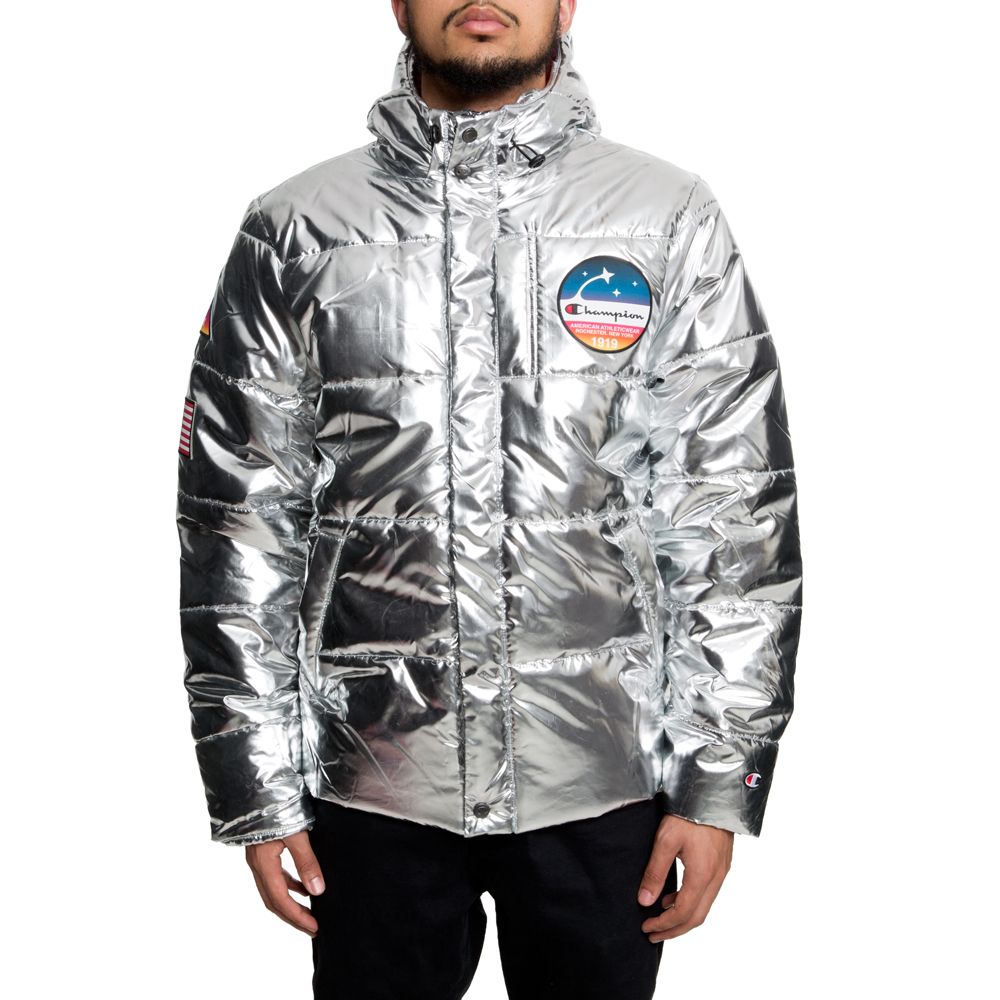 champion metallic puffer jacket silver