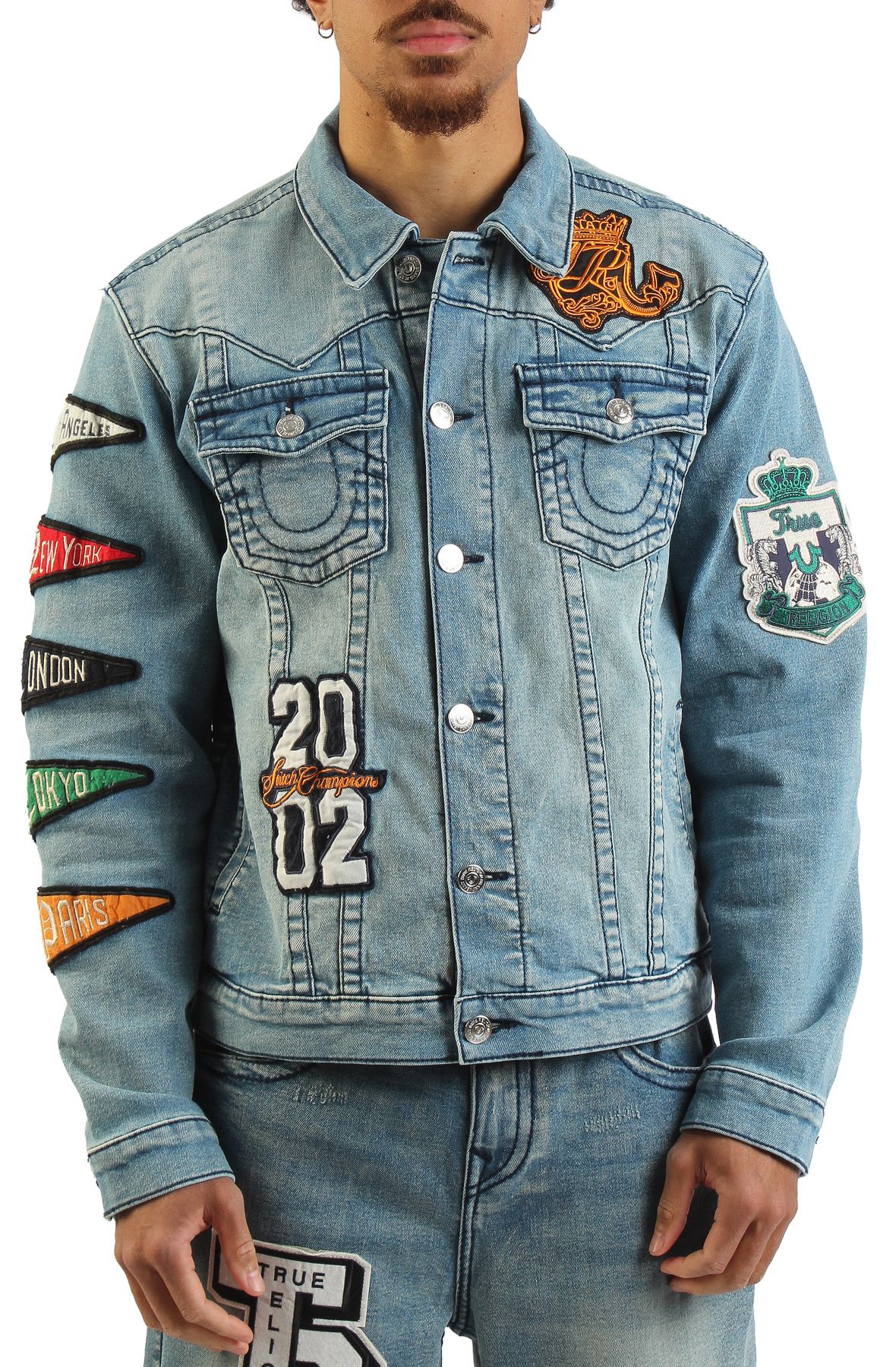 TRUE RELIGION Jimmy Varsity Patch Big T Denim Jacket 110194-JITM