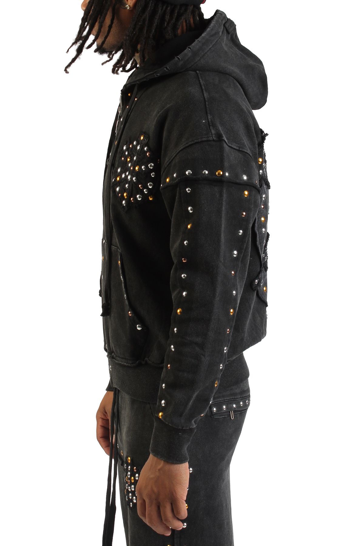 HUDSON Studded Fleece Oversized Zip-Up Hoodie 585-BLK - Shiekh