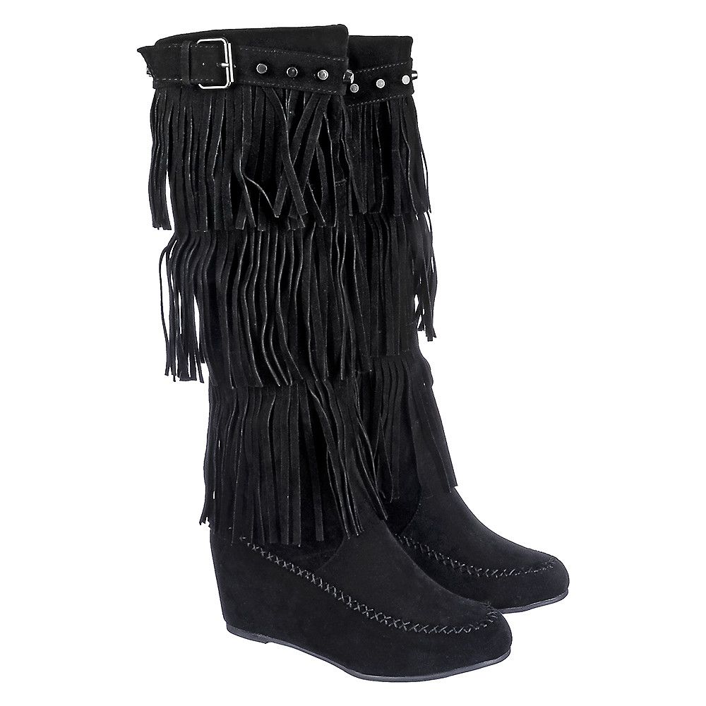 TWIN TIGER Women's Fringe Wedge Boot Bridget-02 HI BRIDGET-02HI/BLACK ...