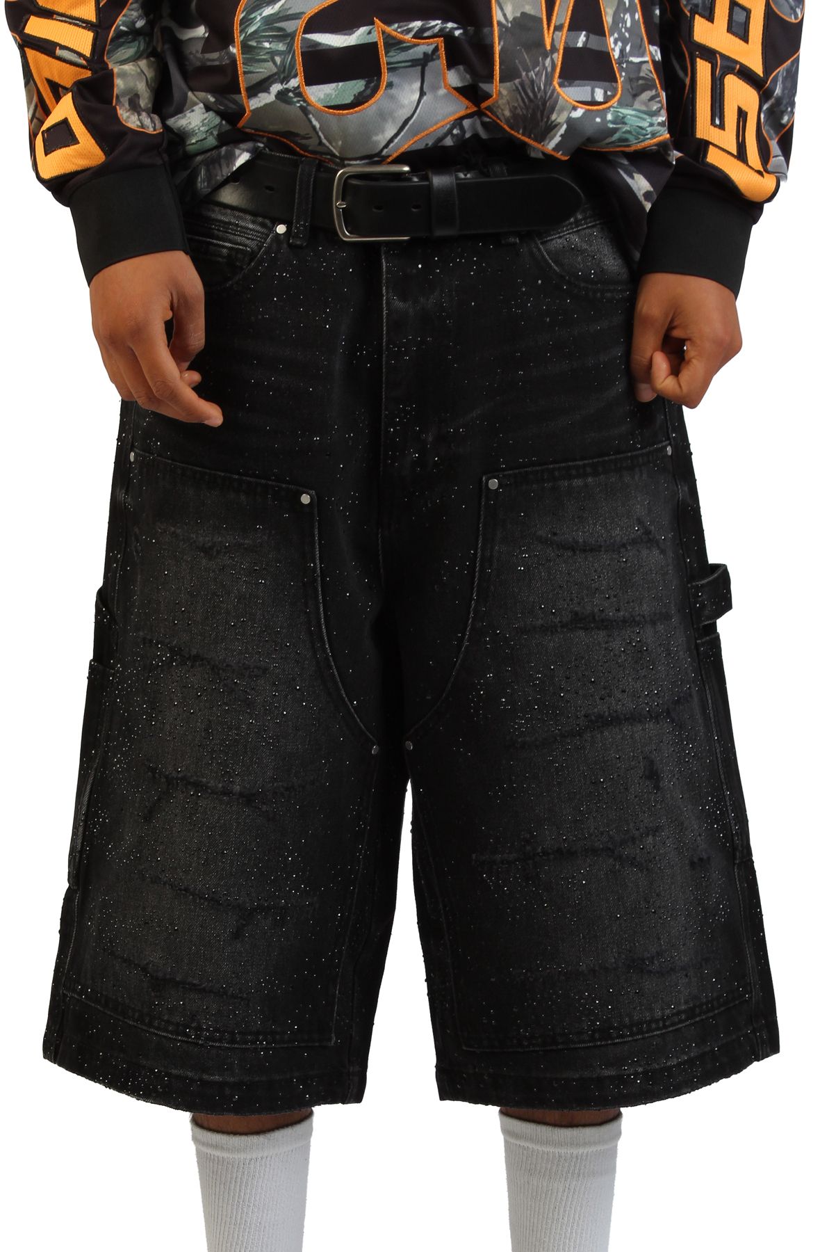 FIRST ROW Rhinestone Denim Jort Shorts FRS3024-BLK - Shiekh
