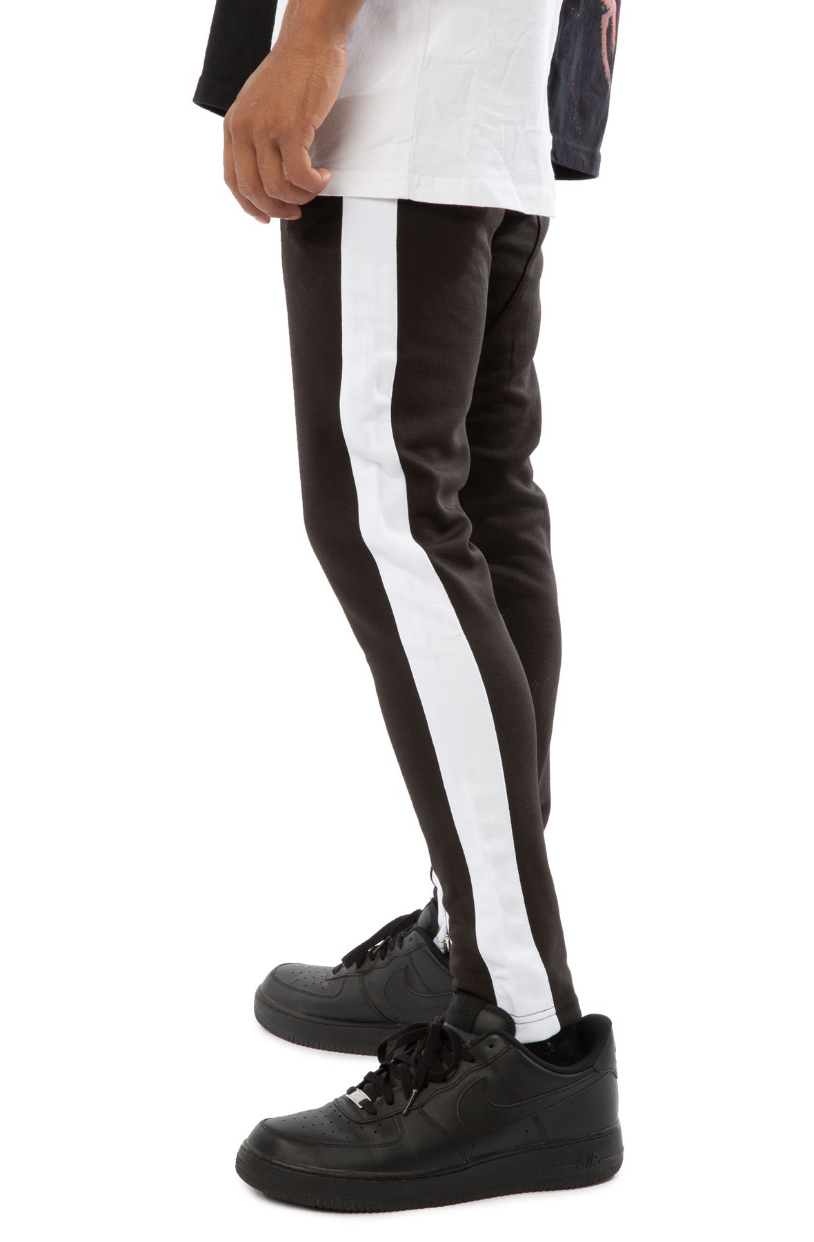 men's black track pants with white stripe
