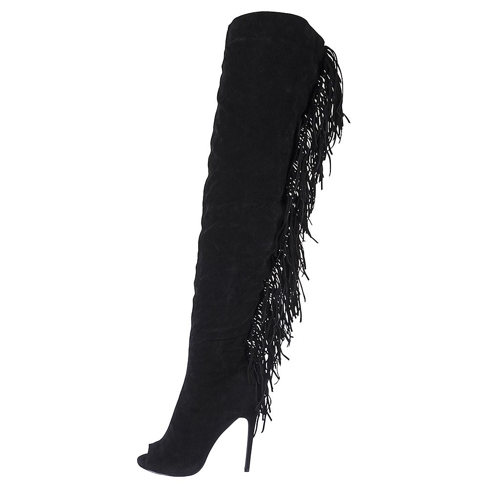 SYYAN Womens Imitation Suede Manual Pump Thigh Boots Black