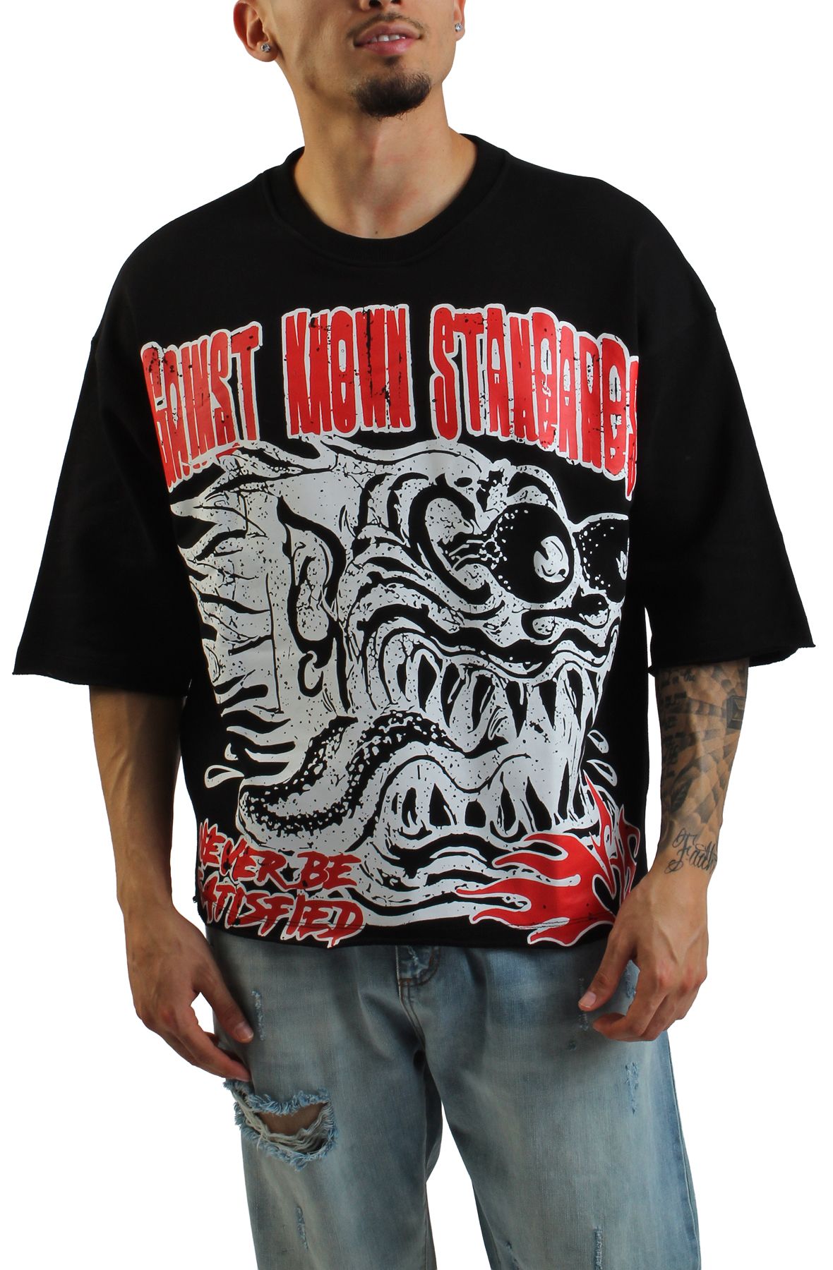 AKS Stay Hungry French Terry Cropped Shirt AKDEC25TS_14-BLK - Shiekh