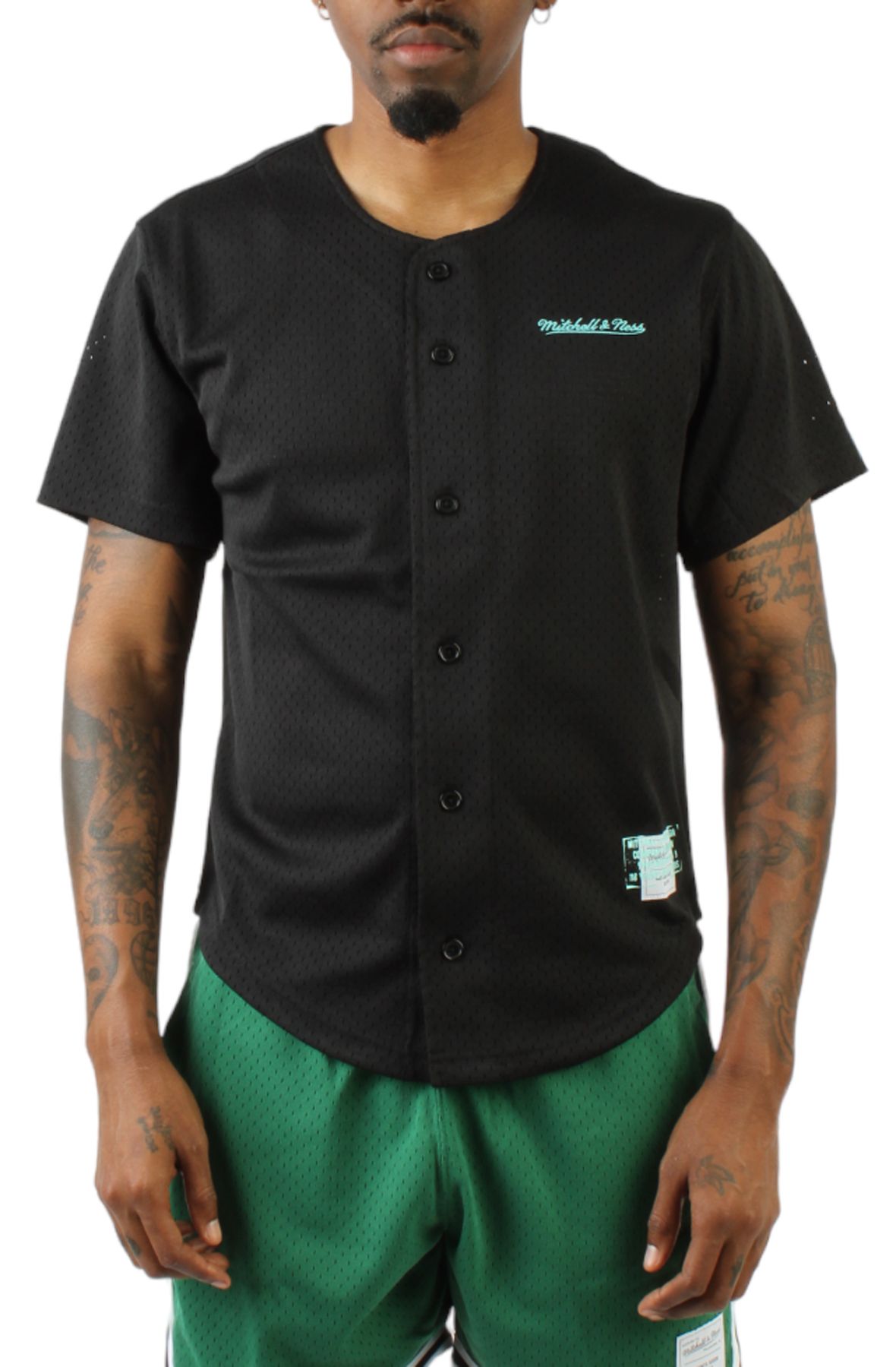 Mitchell and Ness Stamped Button Front Mesh Baseball Jersey Black