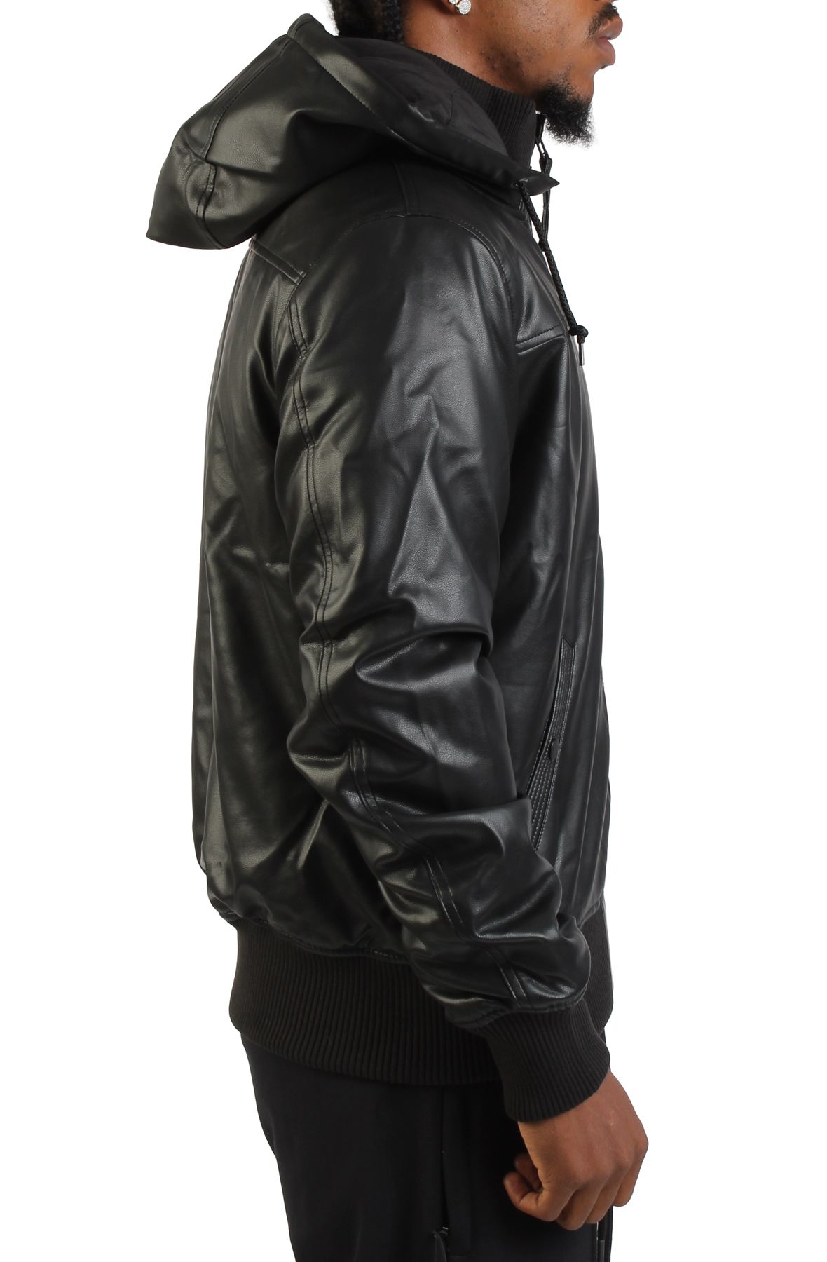 ALPHA Faux Leather Hooded Rib Flight Jacket MJF55501C1-BLK - Shiekh