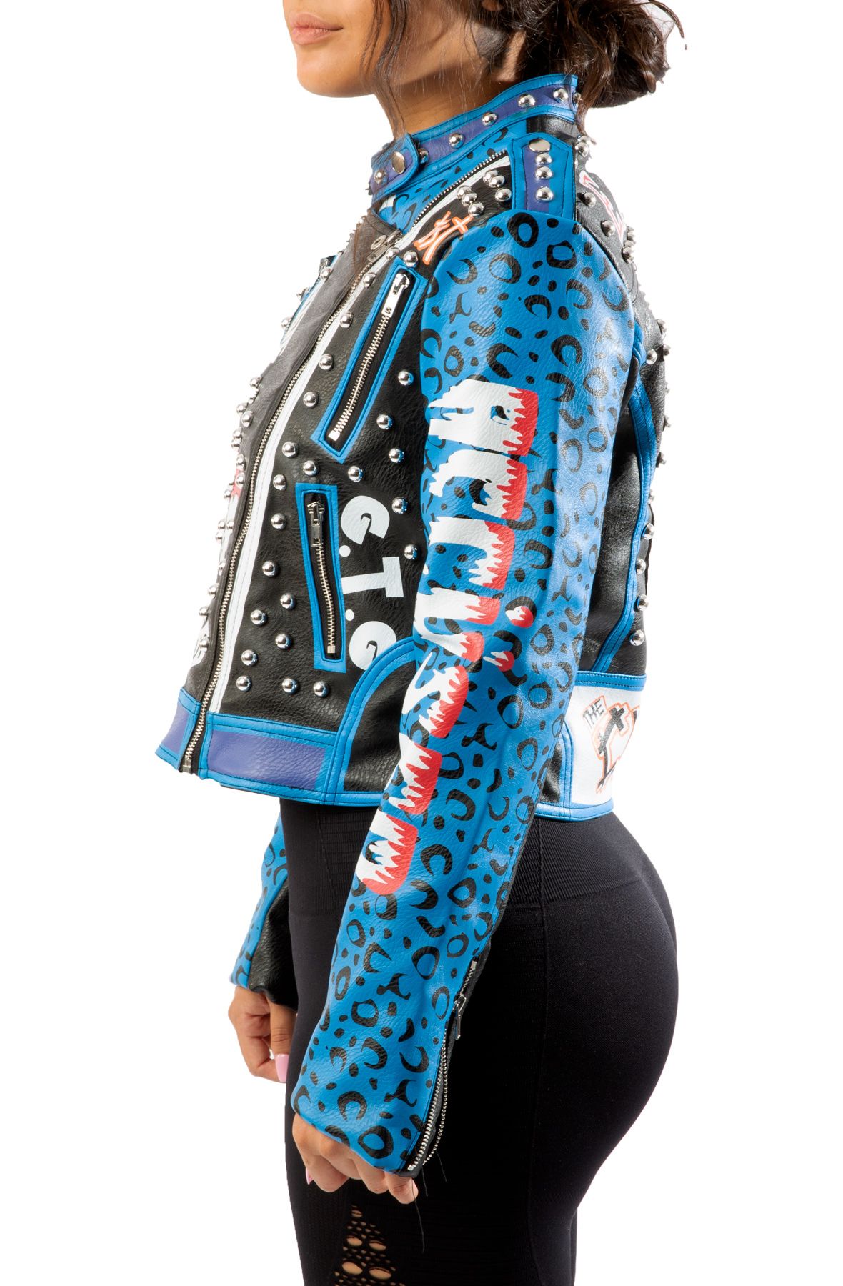 AZALEA WANG Graphic Studded Leather Jacket BLUEWORLD-BLU - Shiekh