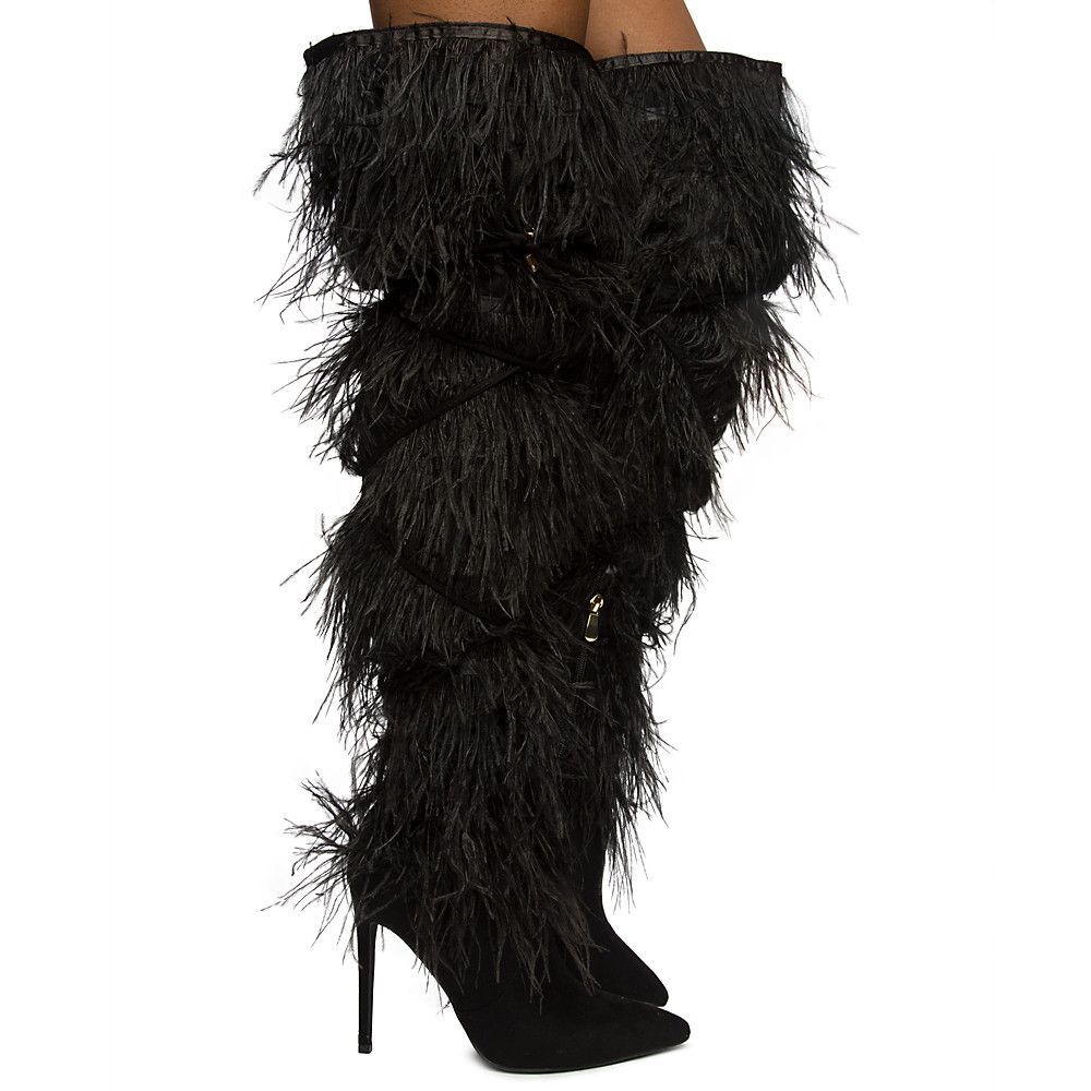feather thigh high boots