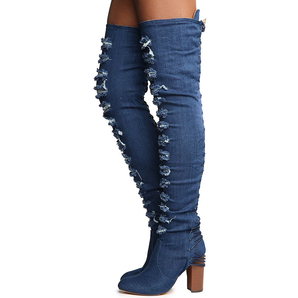 Addison-1 Thigh High Lace-Up Boot Denim