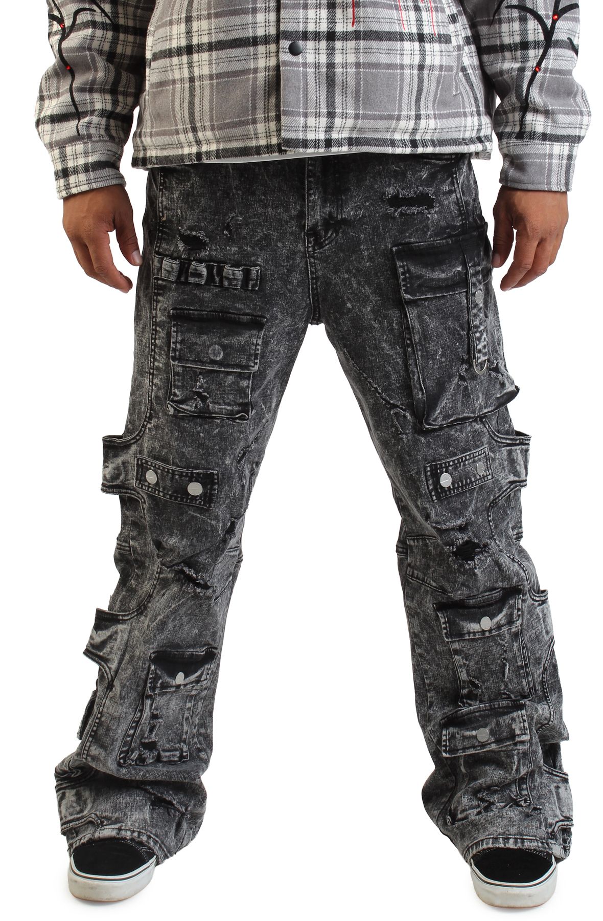 FIRST ROW Washed Multi Cargo Denim Y2K Pants FRD3122-BLK - Shiekh