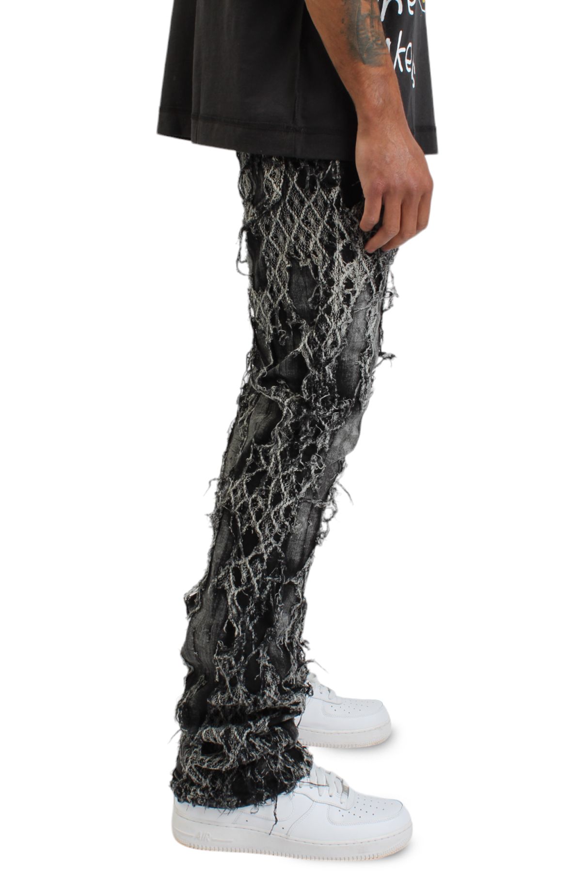 【OJOS】 Crack Washed Denim Pants / Charcoal Charcoal Fade Wide-Leg Jeans