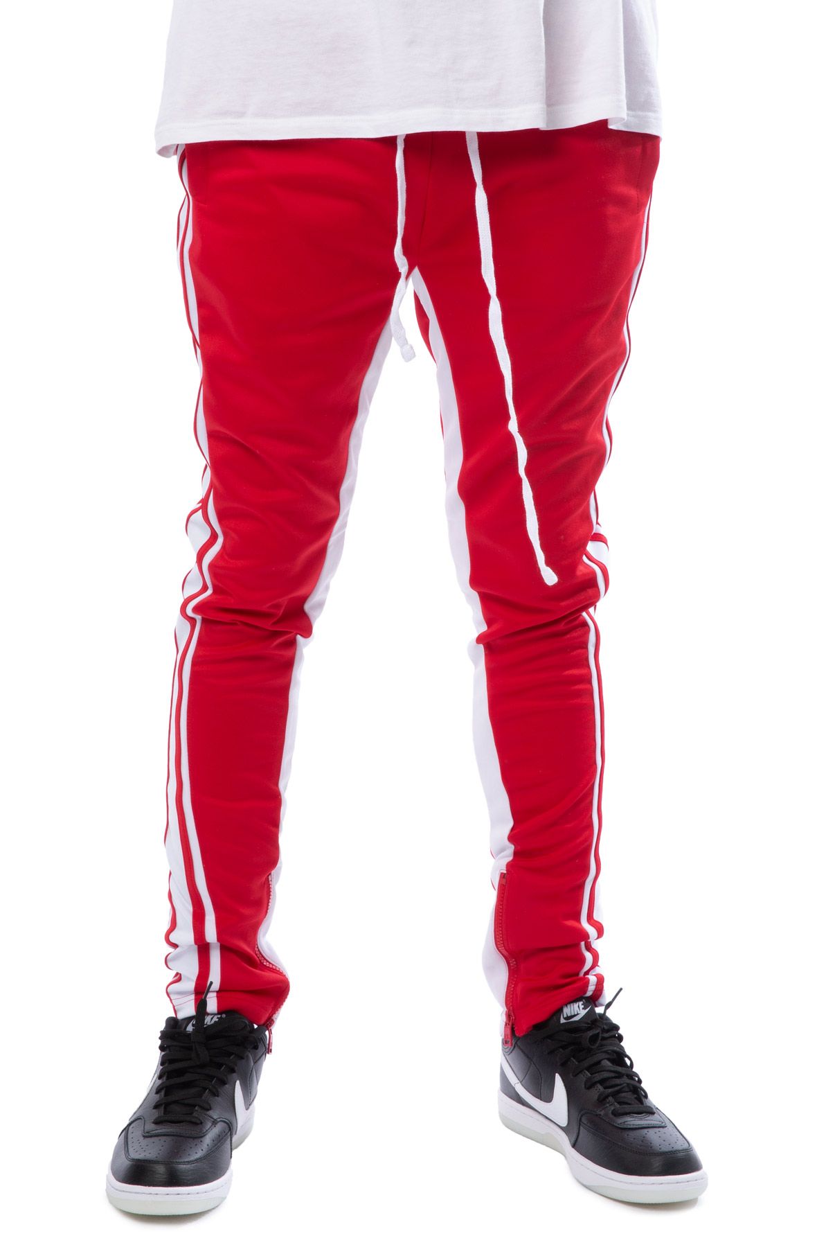 red track pants white stripe