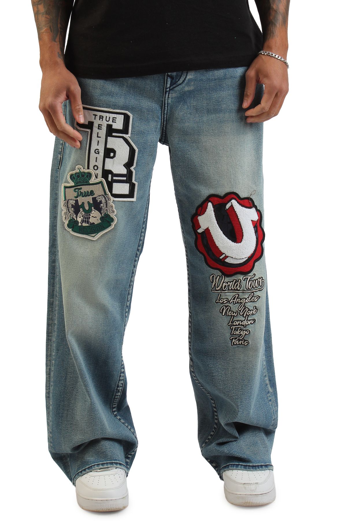 TRUE RELIGION Vinny Varsity Patch Big T Ultra Baggy Jean 34 110197