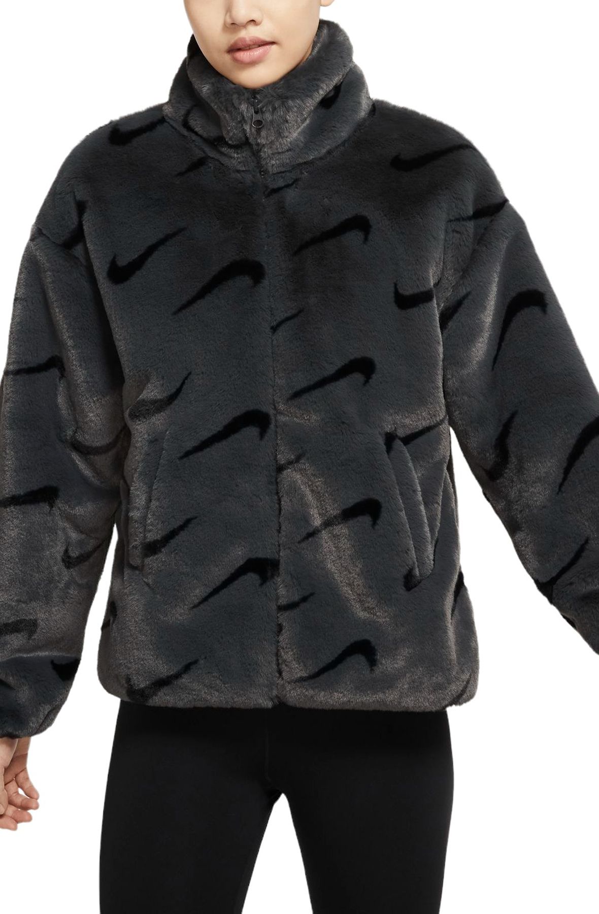nike women sportswear faux fur jacket black fossil