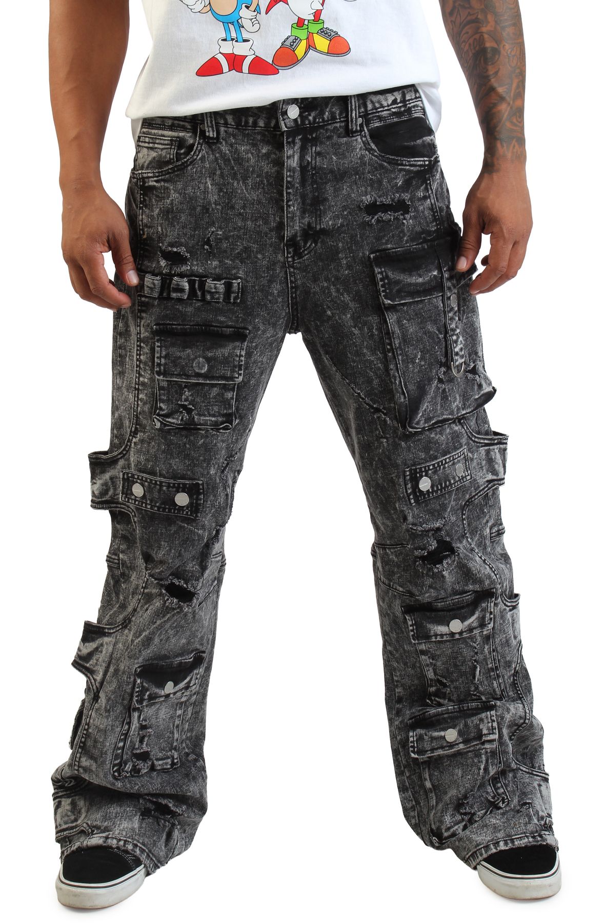 FIRST ROW Washed Multi Cargo Denim Y2K Pants FRD3122-BLK - Shiekh