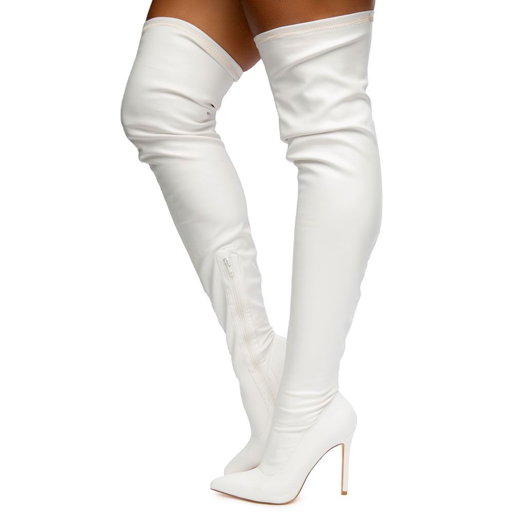 all white thigh high boots