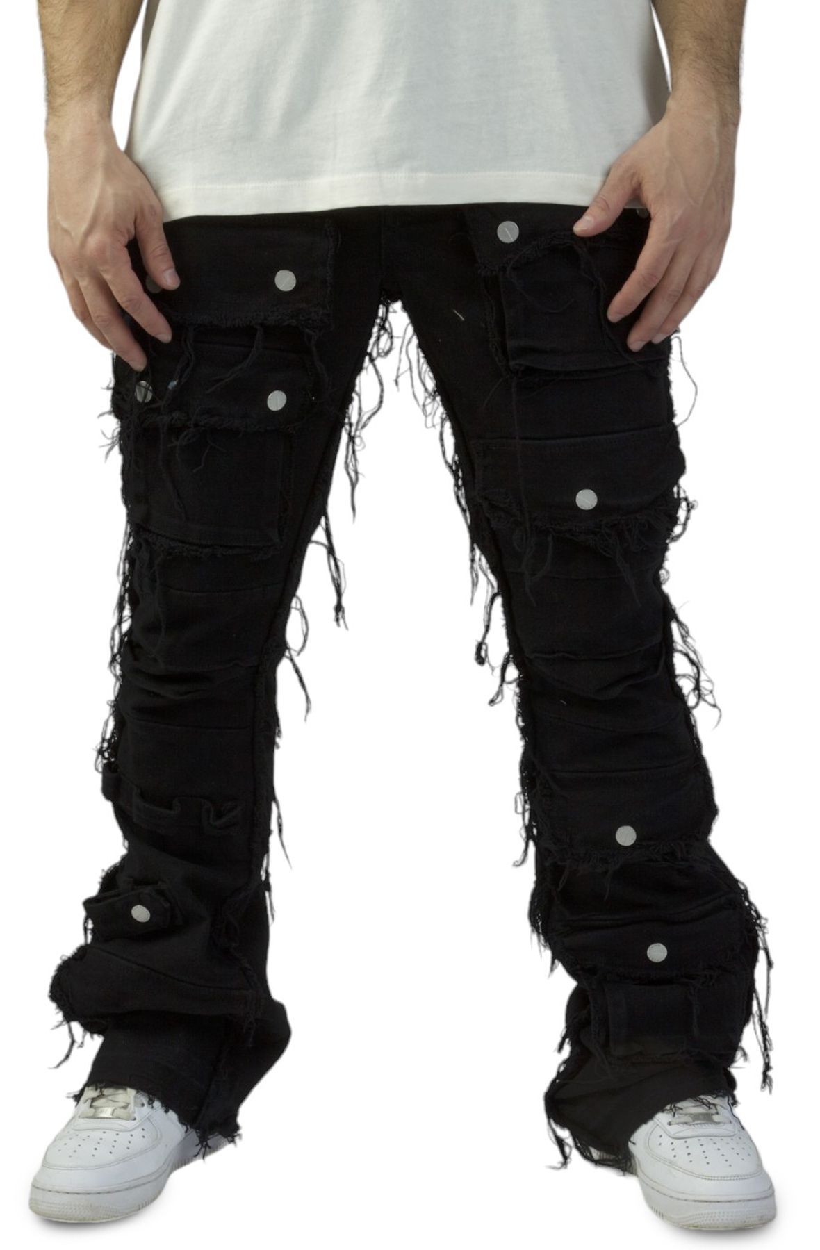 FIRST ROW Utility Cargo Stacked Jeans FRP3011-BLK - Shiekh