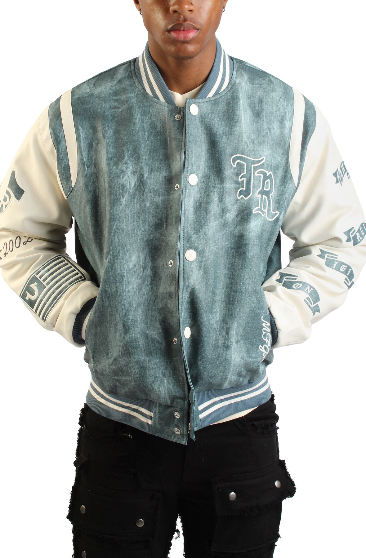 TRUE RELIGION Denim Print Retro Varsity Jacket 109881-4250 - Shiekh