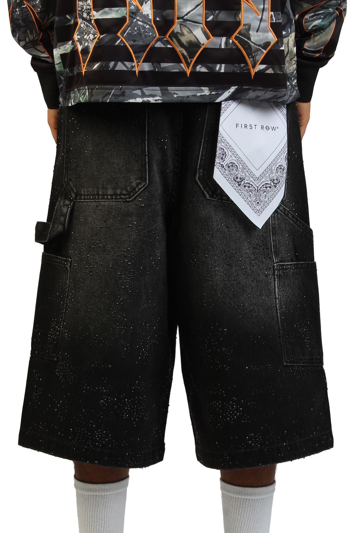 FIRST ROW Rhinestone Denim Jort Shorts FRS3024-BLK - Shiekh