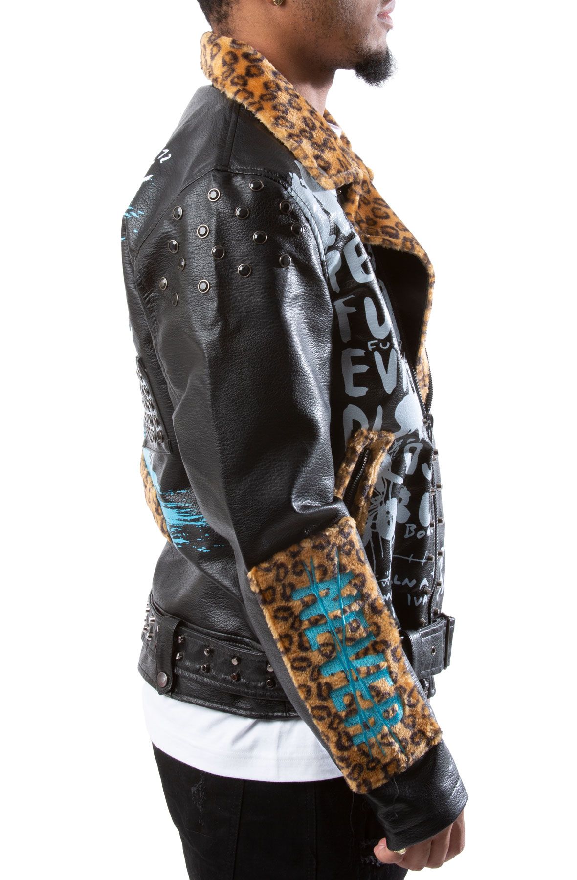 REBEL MINDS Leopard Collar Biker Jacket 612-553BLK - Shiekh