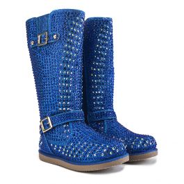 Kids Mid-Calf Studded Boot Urban Buckle Glitter Blue Blue