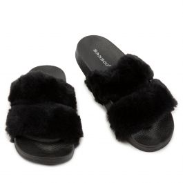 Liv-04 Two Band Fur Slides Black Fur Black Fur